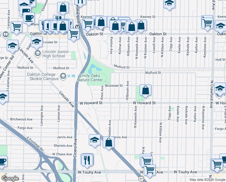 map of restaurants, bars, coffee shops, grocery stores, and more near 7701 Kenton Avenue in Skokie