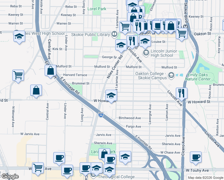 map of restaurants, bars, coffee shops, grocery stores, and more near 5200 Brummel Street in Skokie