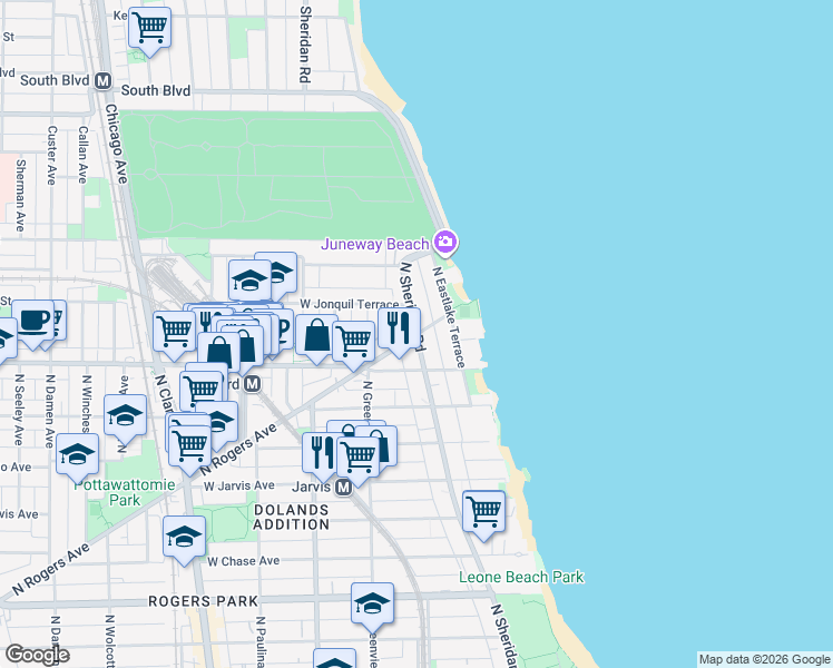 map of restaurants, bars, coffee shops, grocery stores, and more near N Sheridan Rd & N Rogers Ave in Chicago