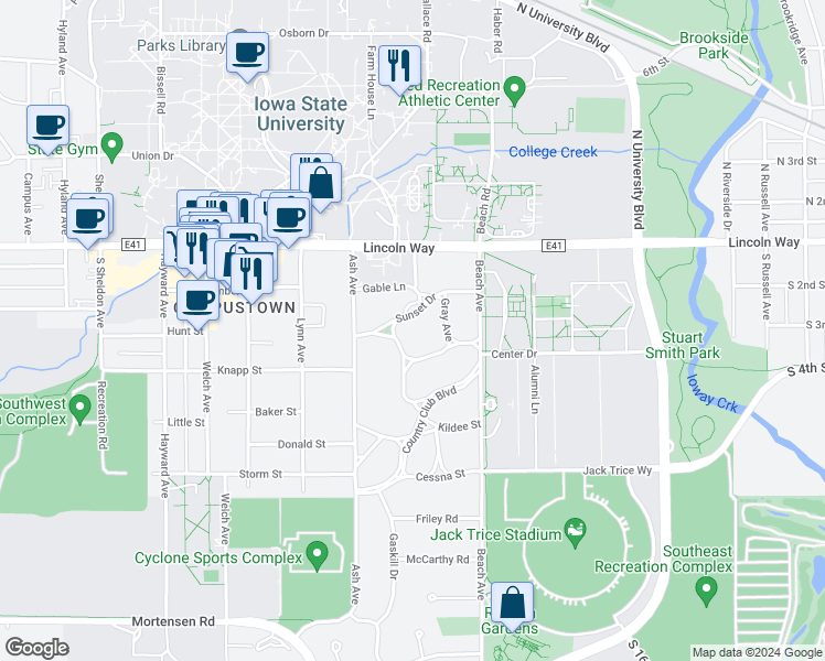 map of restaurants, bars, coffee shops, grocery stores, and more near 2132 Sunset Drive in Ames
