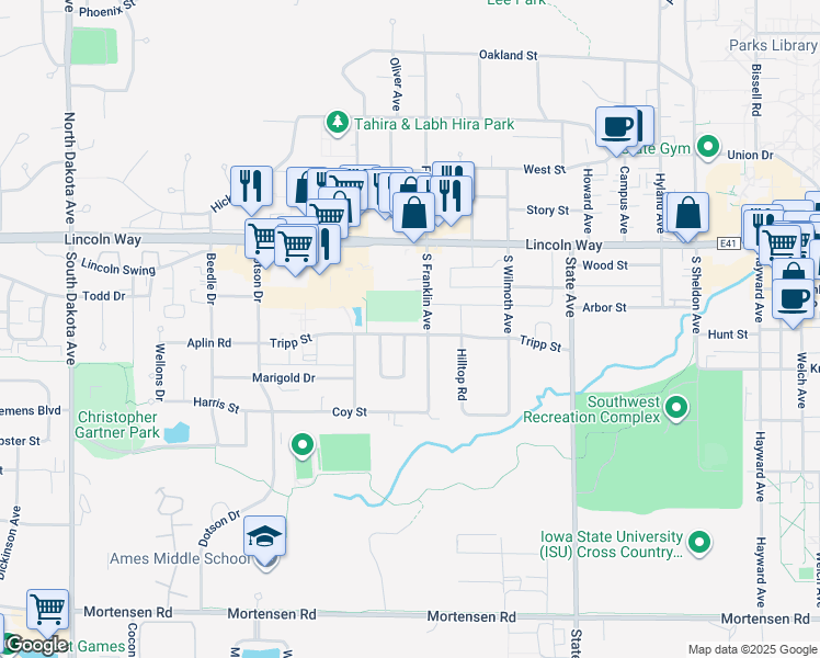 map of restaurants, bars, coffee shops, grocery stores, and more near 3413 Tripp Street in Ames