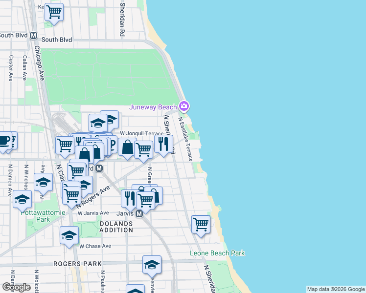 map of restaurants, bars, coffee shops, grocery stores, and more near 7657 North Sheridan Road in Chicago