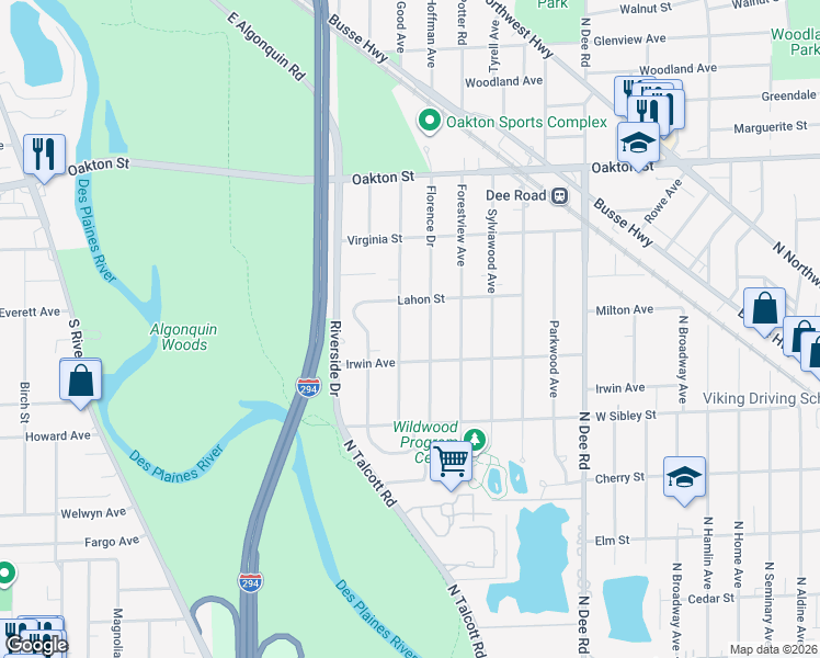 map of restaurants, bars, coffee shops, grocery stores, and more near 744 Goodwin Drive in Park Ridge