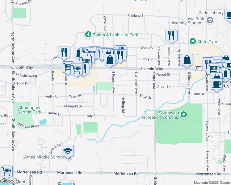 map of restaurants, bars, coffee shops, grocery stores, and more near 148 South Franklin Avenue in Ames