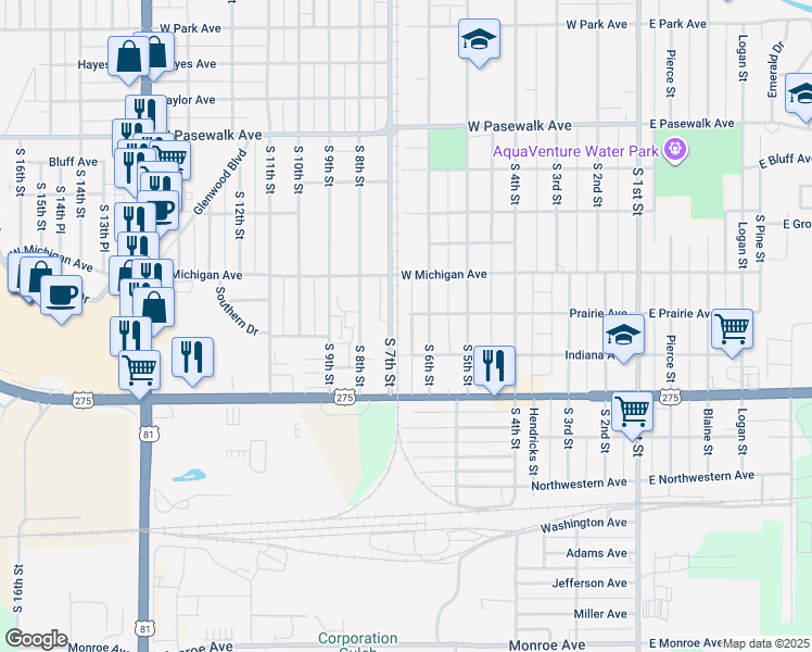map of restaurants, bars, coffee shops, grocery stores, and more near 606 Prairie Avenue in Norfolk