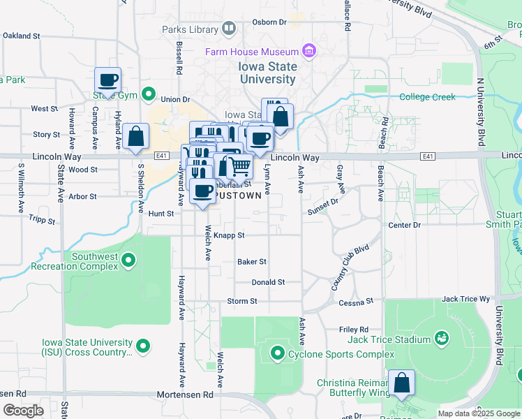 map of restaurants, bars, coffee shops, grocery stores, and more near 307 Lynn Avenue in Ames