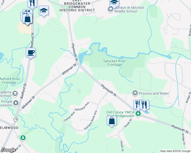 map of restaurants, bars, coffee shops, grocery stores, and more near 378 Plymouth Street in East Bridgewater
