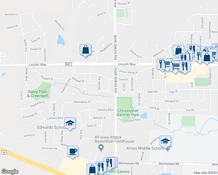 map of restaurants, bars, coffee shops, grocery stores, and more near 220 Raphael Avenue in Ames