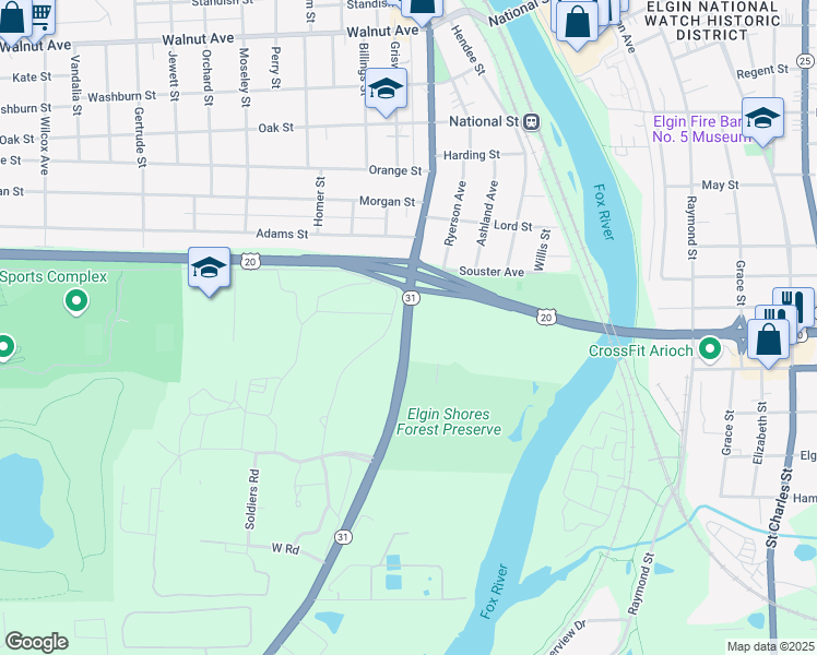 map of restaurants, bars, coffee shops, grocery stores, and more near 595 South State Street in Elgin