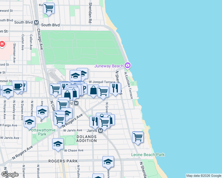 map of restaurants, bars, coffee shops, grocery stores, and more near 7635 North Greenview Avenue in Chicago