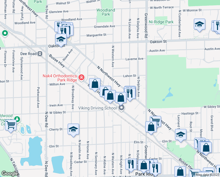 map of restaurants, bars, coffee shops, grocery stores, and more near 766 North Northwest Highway in Park Ridge