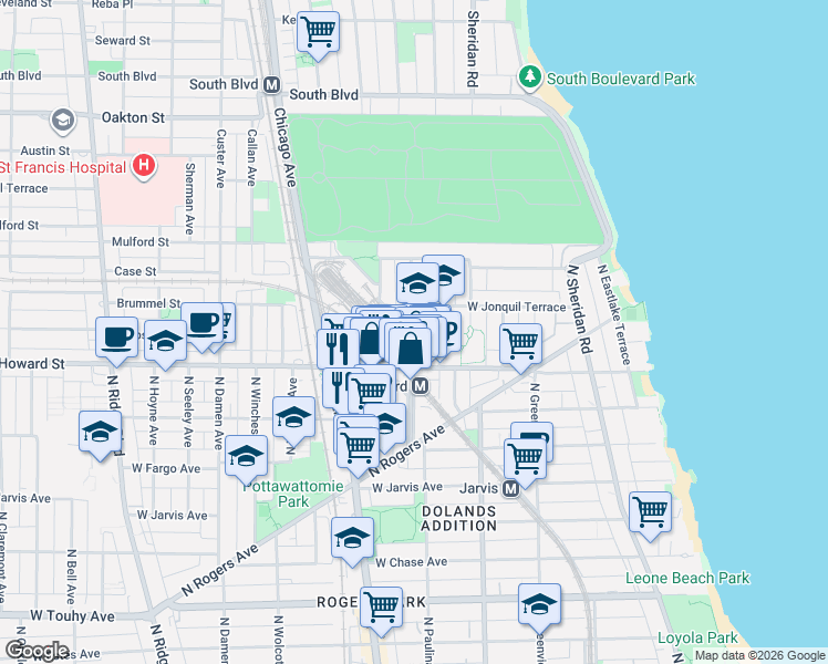 map of restaurants, bars, coffee shops, grocery stores, and more near 1705 West Jonquil Terrace in Chicago