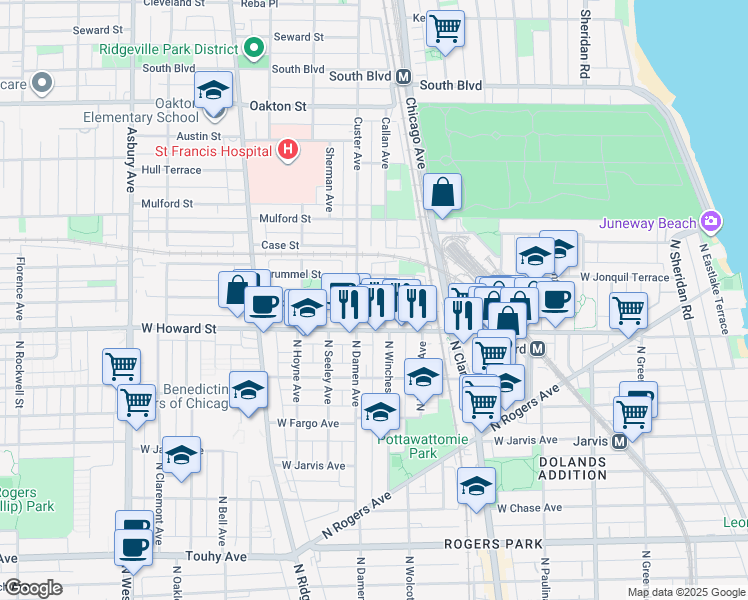 map of restaurants, bars, coffee shops, grocery stores, and more near 148 Callan Avenue in Evanston
