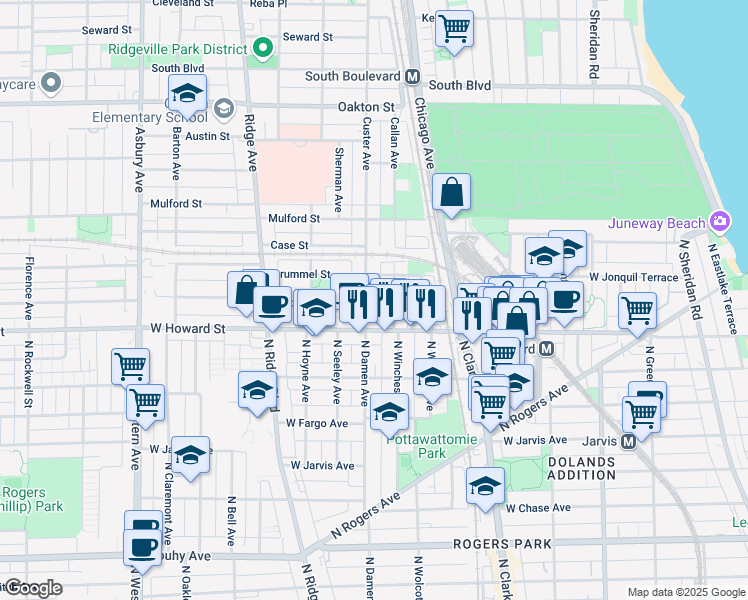 map of restaurants, bars, coffee shops, grocery stores, and more near 148 Callan Avenue in Evanston