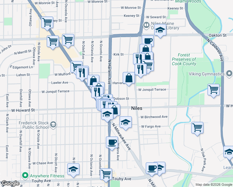 map of restaurants, bars, coffee shops, grocery stores, and more near 7704 Nora Avenue in Niles