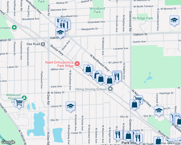 map of restaurants, bars, coffee shops, grocery stores, and more near 817 Marvin Parkway in Park Ridge
