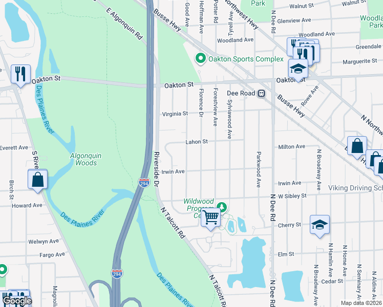 map of restaurants, bars, coffee shops, grocery stores, and more near 744 Goodwin Drive in Park Ridge