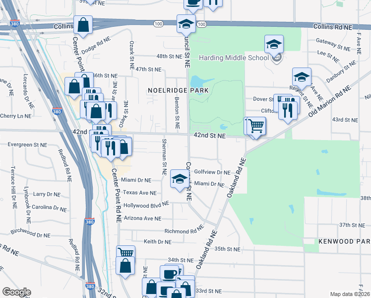 map of restaurants, bars, coffee shops, grocery stores, and more near 1515 42nd Street Northeast in Cedar Rapids