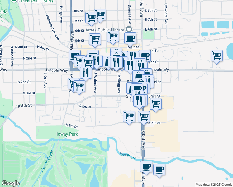 map of restaurants, bars, coffee shops, grocery stores, and more near 216 South Kellogg Avenue in Ames