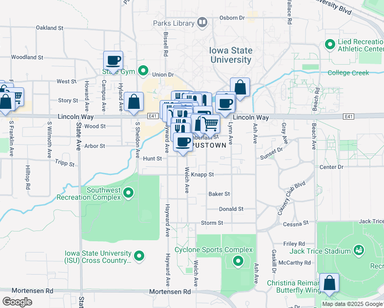 map of restaurants, bars, coffee shops, grocery stores, and more near 126 Welch Avenue in Ames