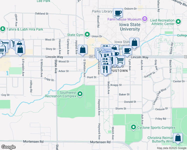 map of restaurants, bars, coffee shops, grocery stores, and more near 225 Hayward Avenue in Ames