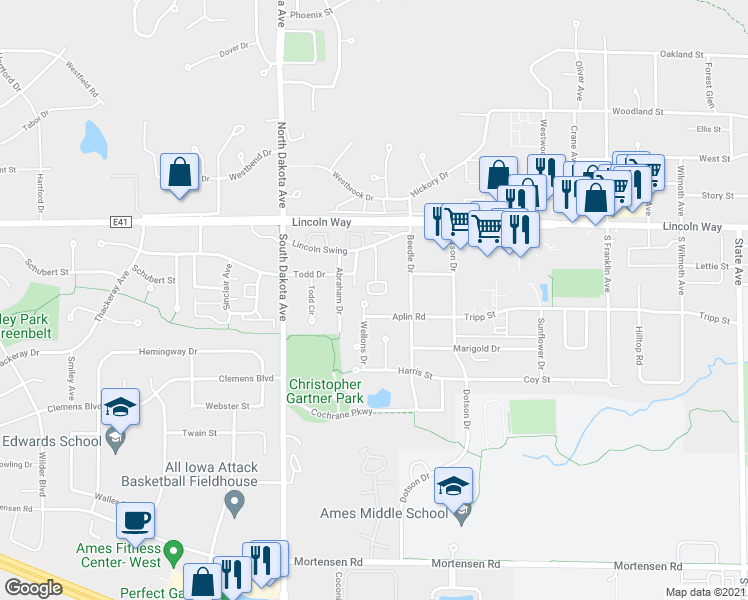 map of restaurants, bars, coffee shops, grocery stores, and more near 4132 Lincoln Swing Street in Ames
