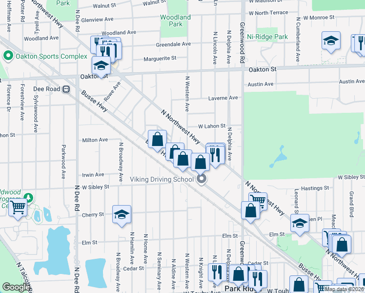 map of restaurants, bars, coffee shops, grocery stores, and more near 766 North Northwest Highway in Park Ridge