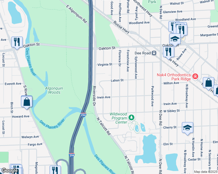 map of restaurants, bars, coffee shops, grocery stores, and more near 744 Goodwin Drive in Park Ridge