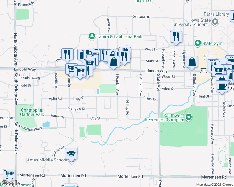 map of restaurants, bars, coffee shops, grocery stores, and more near 148 South Franklin Avenue in Ames