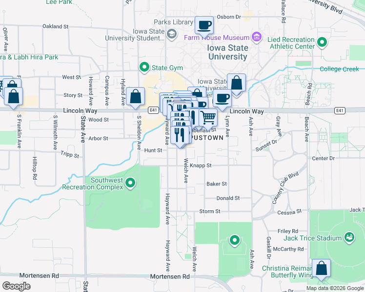map of restaurants, bars, coffee shops, grocery stores, and more near 211 Chamberlain Place in Ames