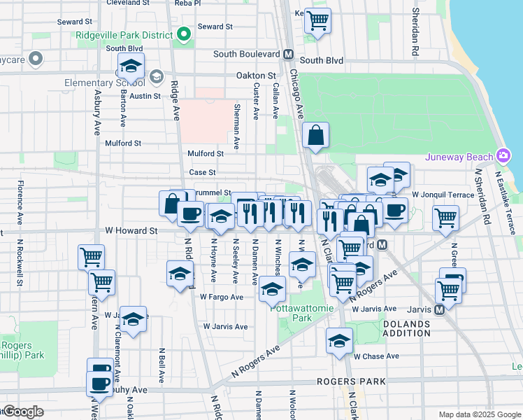 map of restaurants, bars, coffee shops, grocery stores, and more near 148 Callan Avenue in Evanston