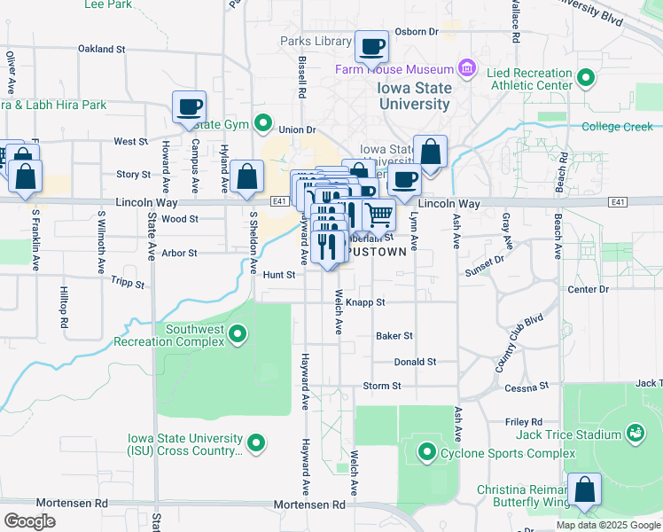 map of restaurants, bars, coffee shops, grocery stores, and more near 211 Chamberlain Place in Ames