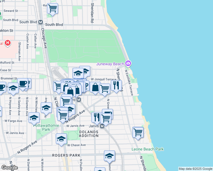 map of restaurants, bars, coffee shops, grocery stores, and more near 7636 North Greenview Avenue in Chicago