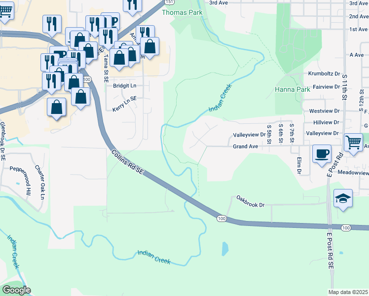 map of restaurants, bars, coffee shops, grocery stores, and more near 1070 Creekbend Court in Marion
