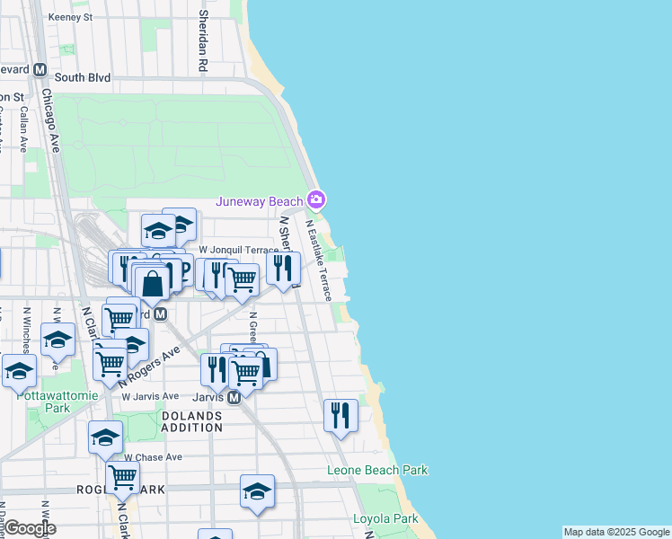 map of restaurants, bars, coffee shops, grocery stores, and more near 7639 North Eastlake Terrace in Chicago