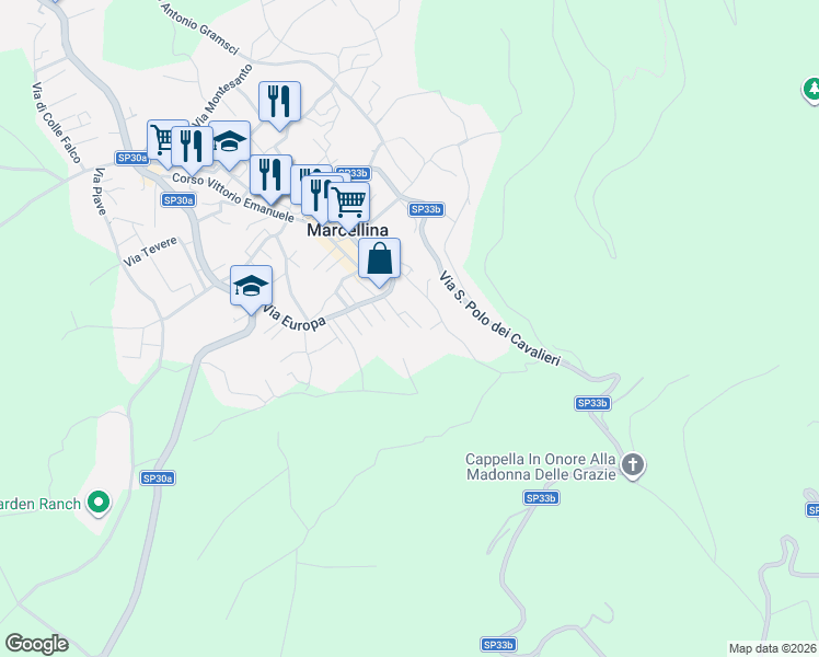 map of restaurants, bars, coffee shops, grocery stores, and more near 15 Via Giuseppe Verdi in Marcellina
