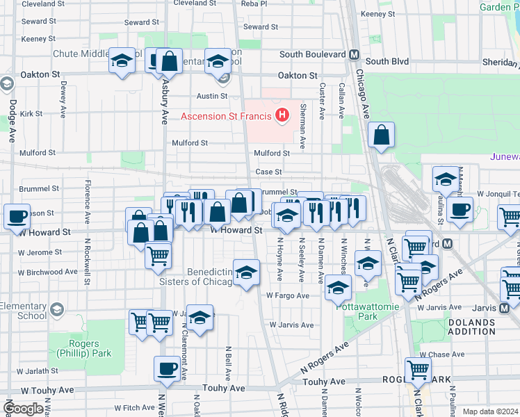 map of restaurants, bars, coffee shops, grocery stores, and more near 831 Dobson Street in Evanston