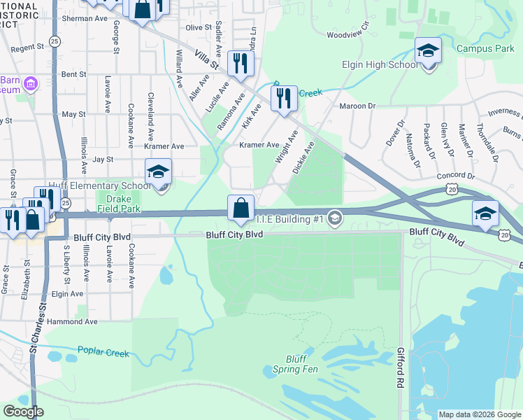 map of restaurants, bars, coffee shops, grocery stores, and more near 769 Wright Avenue in Elgin