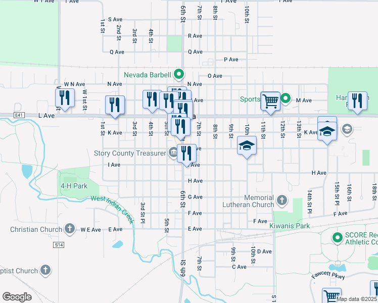 map of restaurants, bars, coffee shops, grocery stores, and more near 1037-1099 7th Street in Nevada