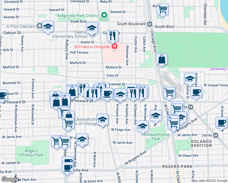 map of restaurants, bars, coffee shops, grocery stores, and more near 824 Brummel Street in Evanston