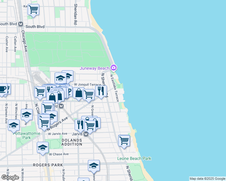 map of restaurants, bars, coffee shops, grocery stores, and more near 7657 North Sheridan Road in Chicago