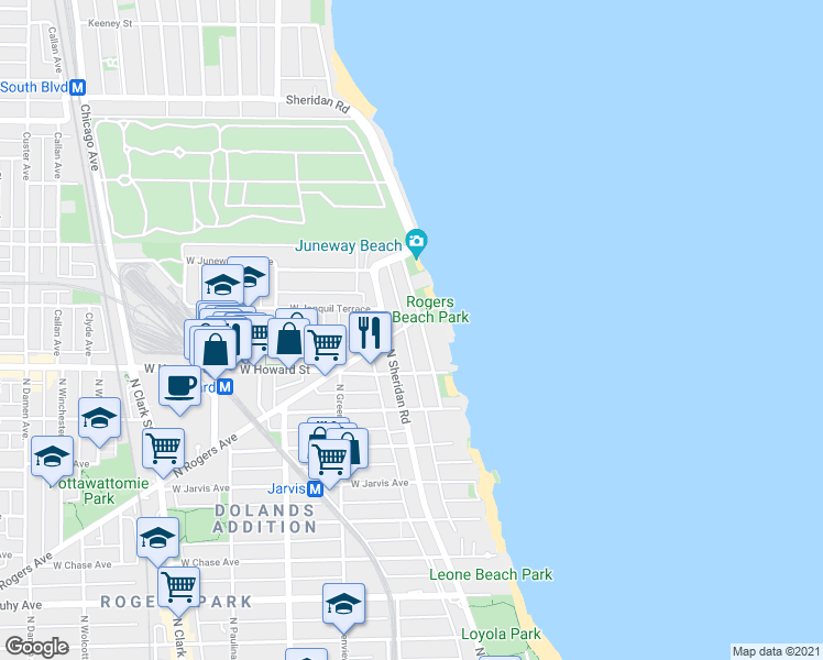 map of restaurants, bars, coffee shops, grocery stores, and more near 7657 North Sheridan Road in Chicago