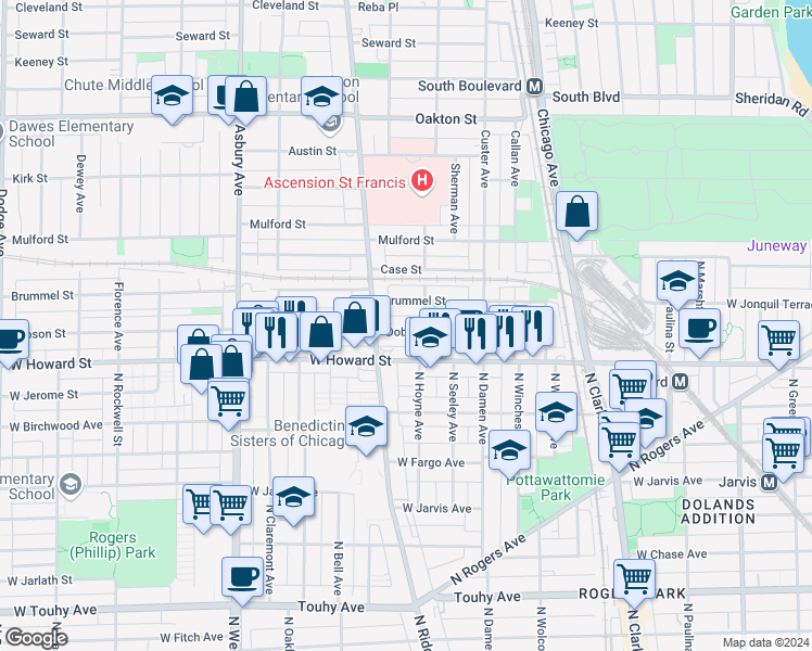 map of restaurants, bars, coffee shops, grocery stores, and more near 824 Brummel Street in Evanston