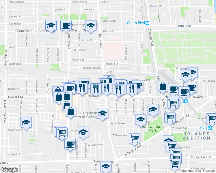 map of restaurants, bars, coffee shops, grocery stores, and more near 824 Brummel Street in Evanston