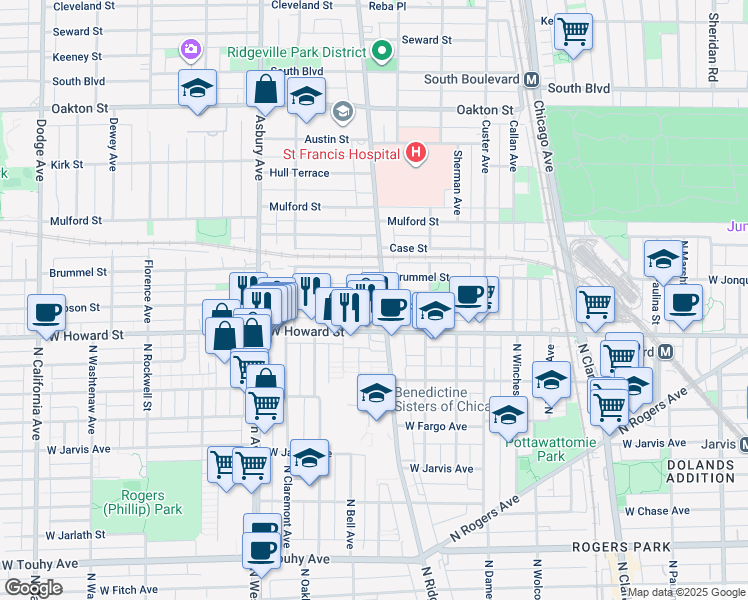 map of restaurants, bars, coffee shops, grocery stores, and more near 140 Ridge Avenue in Evanston