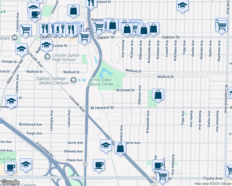 map of restaurants, bars, coffee shops, grocery stores, and more near 7654 Knox Avenue in Skokie