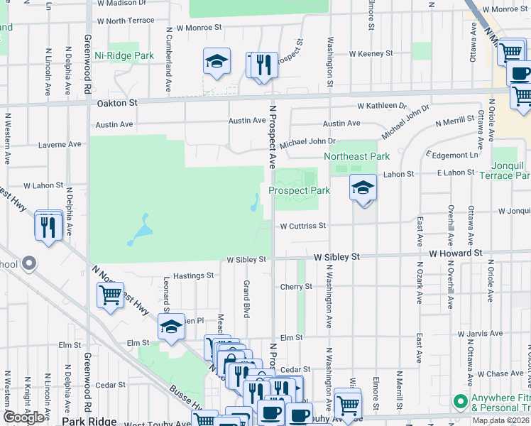 map of restaurants, bars, coffee shops, grocery stores, and more near 721 North Prospect Avenue in Park Ridge