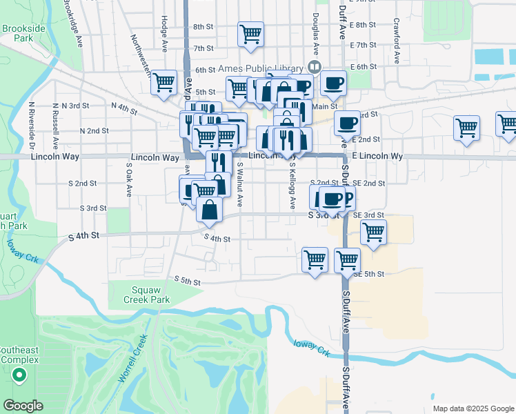 map of restaurants, bars, coffee shops, grocery stores, and more near 225 Washington Avenue in Ames