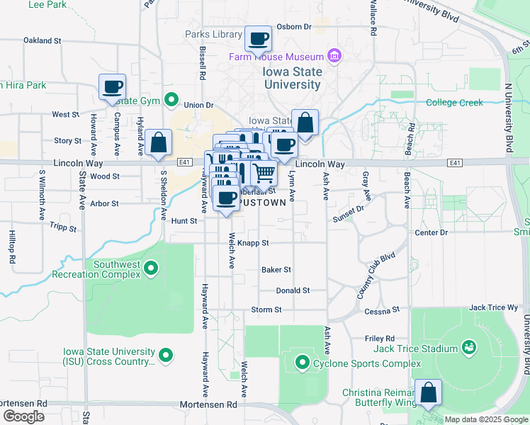 map of restaurants, bars, coffee shops, grocery stores, and more near 216 Stanton Avenue in Ames