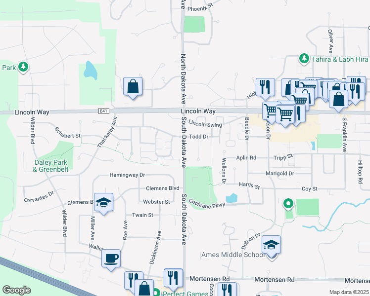 map of restaurants, bars, coffee shops, grocery stores, and more near 207 Todd Circle in Ames